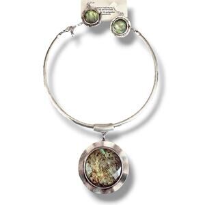 Boho Abalone Pendant Necklace and Earring Set Silver Tone NWT 2010s